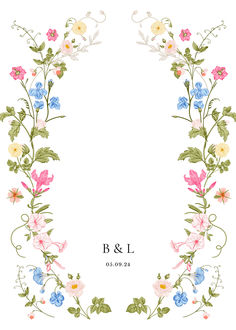 a wedding card with flowers and leaves on it, in the shape of a letter b and l