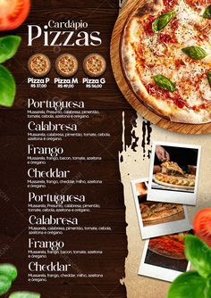 a pizza menu with different types of toppings on the side and an image of tomatoes