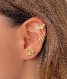 Nature Themed Ear Piercings, Bee Helix Piercing, Adjustable Gold Cartilage Earrings In Cubic Zirconia, Elegant Tarnish-resistant Cubic Zirconia Cartilage Earrings, Elegant Nickel-free Yellow Gold Cartilage Earrings, Gold Cartilage Earrings, Helix Jewelry, Nature Earrings, Ear Climbers