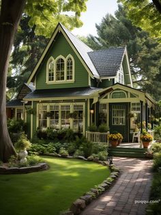 a green house with lots of windows and plants in the front yard, surrounded by trees