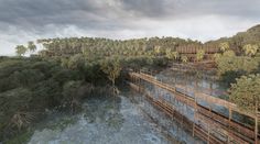 an artist's rendering of a bridge over a river surrounded by trees and water