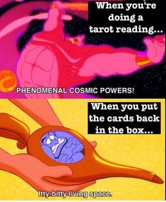 an image of someones hand with a cartoon character on it and the caption reads, when you're doing a tarot reading