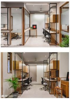 two pictures of an office with desks, chairs and plants in the middle one is empty