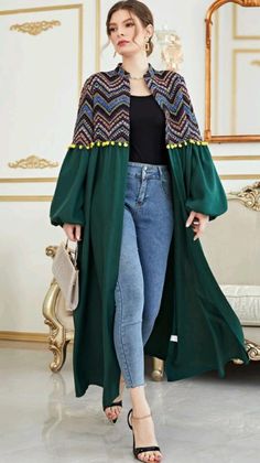 Jeans Design Ideas, Geo Embroidery, Abaya Design, Shrug For Dresses, Mode Kimono, Open Abaya, Afghan Clothes