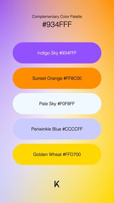 Complementary Color Palette Indigo Sky #934FFF · Sunset Orange #FF8C00 · Pale Sky #F0F8FF · Periwinkle Blue #CCCCFF · Golden Wheat #FFD700 Complementary Color Palette, Hex Codes, Vibrant Purple