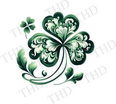 four leaf clover with green leaves and swirls on the side, in white background