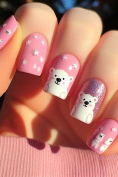 Christmas Summer Nails, Xmas Light Nails, Cute Pink Christmas Nails, Cute Nails For Christmas, Polar Bear Nail Art, Polar Bear Nails, Christmas Nail Trends, Pink Christmas Nail, Bear Nails