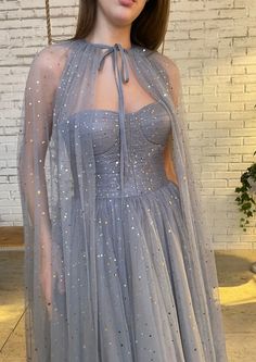 Sable Star Capelet Dress | Teuta Matoshi Ball Gown With Cape Sleeves, Officiant Dress, Sable Star, Starfall Dress, Starlight Dress, Prom Dress Glitter, Teuta Matoshi Dresses, Matoshi Dress, Prom Attire