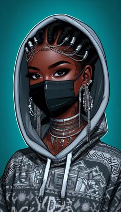 Model-Like African Girl in Full Face Mask and Hoodies: Create a cartoon-style close-up of an African girl with a different hairstyle, such as braids or an afro, and her face covered by a full-face mask. She is adorned with silver jewelry, including a choker and dangling earrings. She wears a hoodie with intricate patterns. The background is a solid teal color. Add a tattoo on her neck for a bold, edgy look. Cartoon Profile Pics Icons, Black Cartoon Characters With Locs, Black Cartoon With Locs, African Animation, Girl With Locs Pfp Cartoon, Girl Wearing Mask Cartoon, Black Woman With Locs Artwork, Cartoon Art Drawing