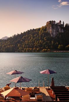 umbrellas and chairs on the shore of a lake