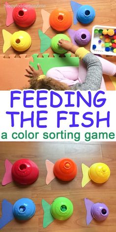 the cover of feeding the fish game is shown with colorful toys on the floor and in front of it