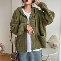 #ad Top Seller for Loose Hooded Knitted Cardigan Women's Autumn Winter Sweater Coat Jumper Outwear, Fashion Women's Sweaters Cardigan Grunge, Hooded Knit Cardigan, Grandma Fashion, Hooded Cardigan Sweater, Zippered Cardigan, Zip Cardigan, Knitted Hood, Oversize Knit, Sweater Coat