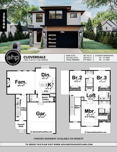 two story house plan with garage and living area in the front, second floor and third level