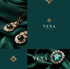 the logo for vena jewelry is shown in three different colors and sizes, including green