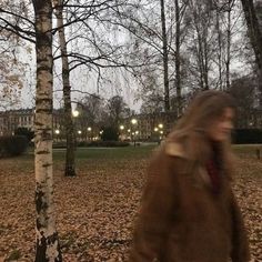 a blurry image of a person walking in the park with trees and leaves on the ground