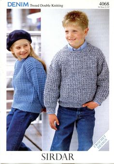 two children's sweaters and hat in sirdar knitting pattern, with the child wearing