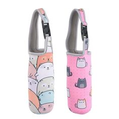 two water bottles with cats on them and one has a strap around the bottom of it