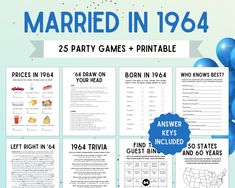 60th Anniversary Game Bundle 25 games + answer keys included! Celebrate 60 years of marriage with this anniversary game bundle! Take a nice trip down memory lane and relive the year 1964. All the games in this bundle are super fun, super simple, and can be played with groups of any size. Games included: - Prices in 1964 - '64 Draw on your Head - Born in 1964 - Who Knows Best? - Left Right in '64 - 1964 Trivia - Find the Guest Bingo - 50 States and 60 Years - This or That - Got My Mind on the 196 Anniversary Game, Find The Guest Bingo, Anniversary Party Games, Guest Bingo, Anniversary Games, 40th Anniversary Party, Find The Guest, Nice Trip, 1984 Movie