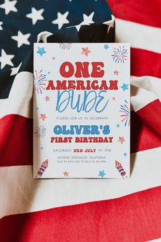 an american flag with the words one american burgers on it next to a birthday card