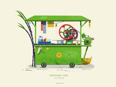 an illustration of a green cart with items on it