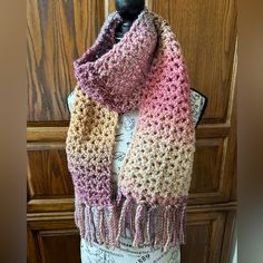 New! Handmade Lacy Type Weave Scarf With Fringe In Beautiful Colors Of Pinks,Rose, Mauves And Some Wheat Shades All Variegated Into Beauty! Approximately 6-3/4 In Wide X 66 In Long Including Fringe. Mach Wash In Garment Bag And Lay Flat To Dry. Acrylic Premium Yarn. Non Smoking/No Pets In Craft Room. Knit Fringe Scarf Pattern, Ladder Yarn Scarf, Knitted Shawl With Fringe, Tassles On Crochet Scarf, Adding Tassels To Scarf, Fringe Scarf Crochet, Poncho Wrap Shawl, Crochet Ruffle Scarf, Weave Scarf