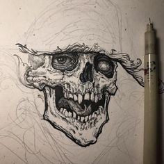 a pencil drawing of a skull with eyes