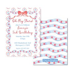 Red White Two Invitation, Oh My Stars Invite, Flag and Bow Invite, Floral Invite, Grandmillenial, Watercolor, Wavy Edge, Red White and Blue, Patriotic Invite Fourth Of July Birthday Party Ideas, Red White And Blue First Birthday, July 1st Birthday Party Ideas, Labor Day Birthday Party, Fourth Of July First Birthday, July Baby Birthday, Fourth Of July Birthday Party, Red White And Two Birthday, Patriotic Birthday Party