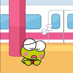 a cartoon character standing in front of a pink pillar with his eyes closed and mouth wide open