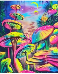 a painting of colorful mushrooms in the woods