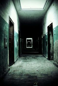 an empty hallway with two doors leading to another room and light coming from the ceiling