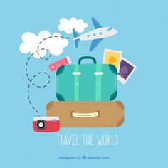 suitcase with travel items flying around it