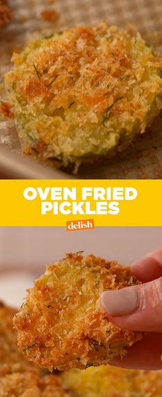 two pictures showing the process of making fried pickles