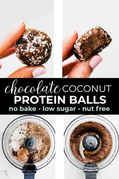 chocolate coconut protein balls no bake low sugar and nut free ingredients in a food processor