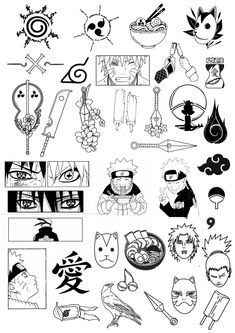 various black and white drawings of different characters