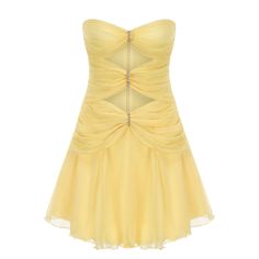 Introducing The Ilana Dress, a vision of ethereal elegance.  Designed with luxurious fabric, the exterior features a textured surface, gracefully swaying in the sunlight. Pre-draped Pleated Chiffon Dress, Pre-draped Chiffon Gala Dresses, Pre-draped Cocktail Dress With Ruched Bodice, Yellow Chiffon Prom Dress, Pleated Wedding Dress With Sweetheart Neckline, Yellow Chiffon A-line Dress, Elegant Chiffon Mini Dress For Prom, Yellow Sleeveless Chiffon Dress For Wedding, Yellow Fitted A-line Evening Dress