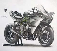 a drawing of a motorcycle parked next to a wrench in front of the bike