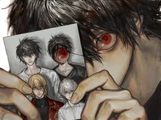 an image of some anime characters with red eyes and blood on their eyes, holding up a photo