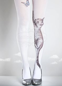 Tattoo Tights - Playful Kitten white one size full length closed toe pantyhose… Cat Chasing Butterfly, Trendy Tights, Kitten White, Sock Tattoo, Tattoo Tights, Fishnet Leggings, Leggings And Socks