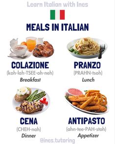 an italian menu with different foods and drinks on it, including meats in italian