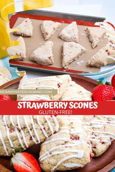 strawberry scones with white icing and strawberries on a plate next to a cookie sheet