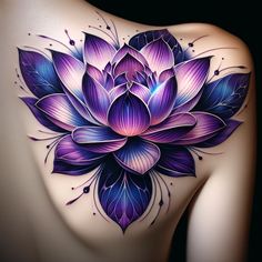 the back of a woman's body with purple flowers on it