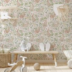 a child's room with floral wallpaper and wooden toys on the floor in front of it