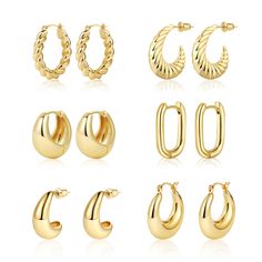 PRICES MAY VARY. Materials: Crafted with 14k real gold plated brass, ensuring long lasting durability Gold hoop earrings design: Package includes 6 pairs earrings, These chunky hoops are 14mm 15mm 15mm 25mm 25mm 28mm. Wearing all day, without any pressure, are very easy to put on and take off Gold earrings set : We feature the perfect mix of thin and chunky hoop earrings, designing the perfect gold earring sets for multiple piercings. You can wear it alone or in combination,Show their own unique Women Hoop Earrings, Preppy Gold Hoop Earrings, Cute Trendy Earrings, Trendy Earrings Hoops, Non Tarnish Earrings, Gold Jewelry For Hoco, Long Lasting Jewelry, Small Thick Gold Hoop Earrings, Cute Earrings Hoops Gold