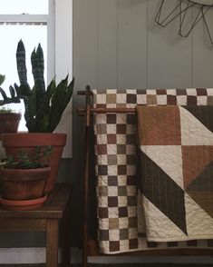 there is a potted plant next to a quilt on a rack near a window