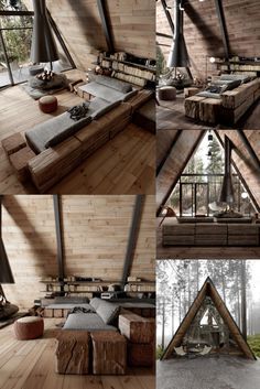 the interior of a cabin with wooden walls and flooring is shown in three different angles