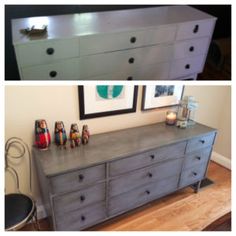 the dresser has been painted gray and is next to an empty shelf with pictures on it