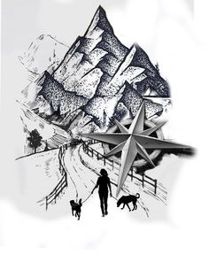 a drawing of a person and two dogs walking in front of a mountain with a star on it