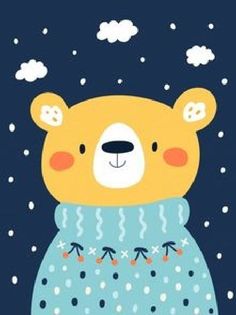 a cartoon bear wearing a blue sweater with stars and clouds in the sky behind it