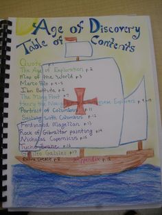 a notebook with a drawing of a sailboat and the words age of discovery on it