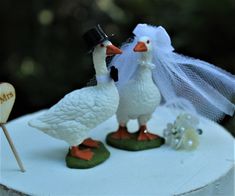 two white ducks wearing hats and standing next to each other on top of a table